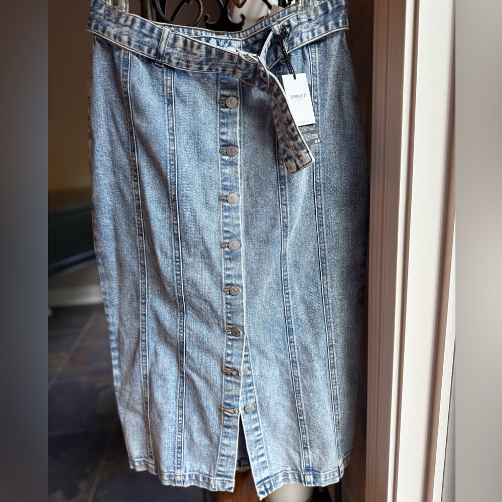 New! Forever 21 Midi Denim Skirt with Buttons